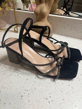 Black Strappy Block Heel Sandals - Elegant Evening Shoes